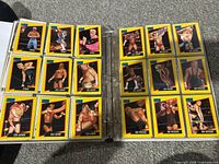 Two pages from a binder containing WCW trading cards from 1991 Impel series with multiple cards per wrestler like Sting and Lex Luger, all in clear protective sleeves.