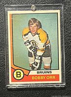 Front view of the Bobby Orr hockey card in a clear plastic protective case showing the player image and Bruins branding.