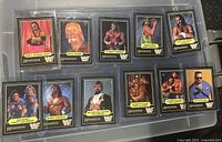 Photo showing 11 WWF Swanson wrestler cards in plastic holders arranged in two rows. Clear view of card front art and wrestler names.
