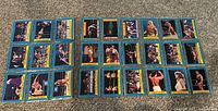View of 32 WWF 1987 O-Pee-Chee wrestling cards laid out on carpet showing wrestling action and portraits with blue borders and yellow text