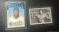 Top photo shows two Bo Jackson rookie cards side-by-side: Topps Royals baseball card and Score Dual Sport football card.