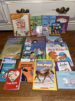 Photo showing all 19 children's books with titles and cover illustrations visible, arranged on a wooden chest surface.