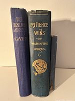 Photo of three antique hardcover books showing spines with titles: "Dick Hamilton's Airship" by Garis, "Patience Wins: Or War in the Works" by G. Manville Fenn, and another worn book.