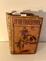 Three vintage Western hardcover novels stacked vertically, showing front cover of 'Up The Forked River' by Edward S. Ellis (1904) with an illustrated cowboy and horse.