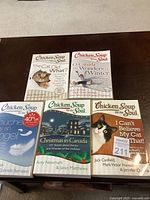 Photo showing all five Chicken Soup for the Soul books laid out on a table, displaying their front covers