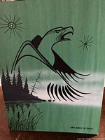 Full frontal shot of the artwork showing the eagle design on a green background with the artist's signature visible at the bottom right.