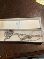 Owl necklace pendant and chain displayed in a box showing the full length and packaging.