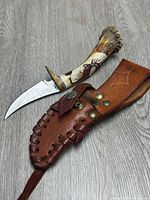 Hunting knife with curved carbon steel blade and stag horn handle alongside the brown leather sheath with stitching and snap closure.