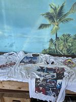 Overview photo of five vintage white rock concert T-shirts laid out on a wooden bench, showing heavy wear with holes and discoloration