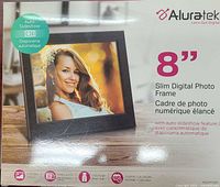 Front of boxed Aluratek 8" Slim Digital Photo Frame showing product image and key features