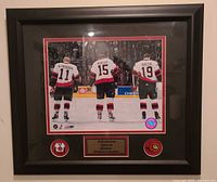 Front view of framed Ottawa Senators photo showing players, plaque and pins