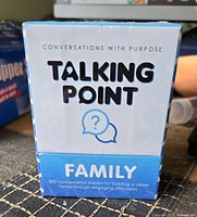 Box of Talking Point Family game showing front with title and features.