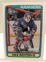 Front of the 1989-90 O-Pee-Chee Mike Richter rookie hockey card, showing player image and team.