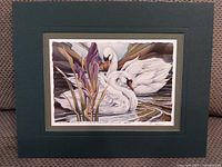 Frontal photo of the signed print, showing the swan artwork with matte borders.