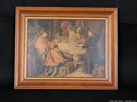 Frontal view of the framed vintage print showing the monk painting the sleeping pope scene.