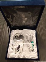 Silver plated wired 2-button computer mouse nestled in white satin inside black velvet-lined box.