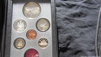 Coins in case insert, showing detailed front face designs including the silver dollar with McIntosh apple image and smaller coins below.