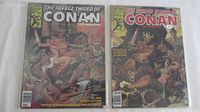 Two comic book issues from The Savage Sword of Conan the Barbarian series, numbers 49 and 50 from 1980, showing cover art depicting Conan and supporting characters in fantasy battle scenes.
