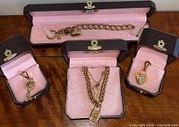 Full view of all jewelry pieces displayed in opened branded boxes showing bracelet and multiple charms.