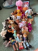 Overview photo of multiple TY Beanie Babies and Beanie Kids plush toys arranged on carpet, showcasing various animals and dolls with tags attached.