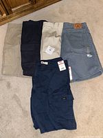 Five pairs of men's shorts, cargo and denim styles, folded and laid out on carpeted floor.