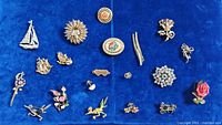 Full set of 20 assorted vintage brooches and pins displayed on blue background, showing various styles and designs.