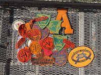 Photo of 19 assorted vintage embroidered cloth and metal sports badges on a mesh surface