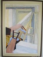 Framed abstract oil painting on canvas showing geometric and structural shapes with muted color palette.