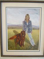 Framed oil painting of woman and dog in grassy field with hills; signature J. Stoll '79 visible.