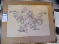 Framed horse drawing with multiple horses in dynamic poses visible through glass with matting and frame.