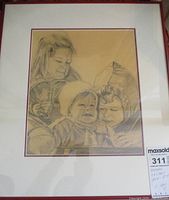 Framed sepia drawing of three children with matting and glass covering, showing full view of artwork and frame.