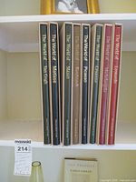 Eight vintage Time Life Library of Art books on a shelf with visible titles: Van Gogh, Masters, Matisse, Rembrandt, Picasso, Michelangelo, Leonardo, and one unidentified book spine.