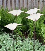 Four white steel shore bird sculptures mounted on metal stakes in garden setting among ferns and variegated ground cover.