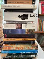 Stack of assorted books including The Magic Mountain, Monsignor Quixote, Social Acupuncture, The Greek Myths, All That Matters, Letters from Helga, Walden and Other Writings, MaddAddam, David Attenborough book, Beethoven: Biography
