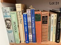 Photo showing spines of 11 books including The Letters of T.E. Lawrence, The Pentax Way, Beatrix Potter, Literary Terms Dictionary, Inside Stories, The Art of Writing, Companion Guide to Florence, Father Brown Omnibus, Trip, The Names of Things.