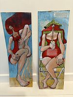 Full view of two tall rectangular painted panels featuring women in red swimsuits, one with large red hair, the other with green hat drinking from straw.