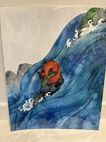 Front view of the signed print showing a curled red fox atop a mossy rock with surrounding stylized waves in blue and green tones.