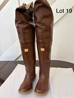 Front view of both brown rubber over-the-knee waders standing upright.