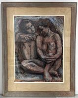 Full view of framed mixed media artwork featuring a seated couple and a child, framed in wood with beige matting.