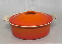 Side view of orange cast iron Dutch oven with lid on, showing ribbed handles and overall condition.