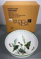 Box packaging labeled Garden Bloom by Studio Nova, 11-inch salad bowl, in original condition.