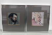 View of both framed signed and dated sgraffito portrait paintings side by side showing overall appearance and framing.