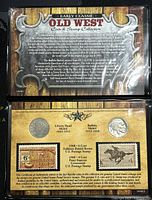 Front and back of packaging showing the 'Early Classic Old West Coin & Stamp Collection' box, listing included coins and stamps with historical information.