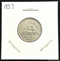 Reverse side of 1937 Canadian 5 cents coin showing beaver, denomination, year, and 'CANADA' inscription.