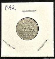 Front side of the 1942 Canadian 5 cents nickel coin showing the beaver design and inscriptions.