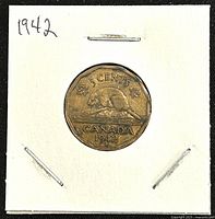 Front side of the 1942 Canadian 5 cents coin showing beaver.