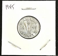 Front side of the 1945 Canadian King George VI Victory 5 Cents coin showing the Victory torch design with the year and maple leaves.