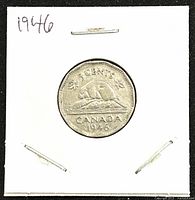 Reverse side of the 1946 Canadian 5-cent coin featuring a beaver sitting on a rock with denomination and date.