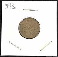 Reverse side of the coin showing denomination "1 CENT", year "1948", and maple leaves with country name "CANADA".