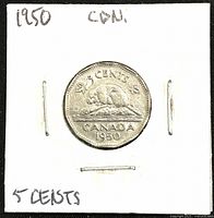 Front side of the 1950 Canadian 5 cents coin showing the beaver on a rock with inscriptions of denomination and country.
